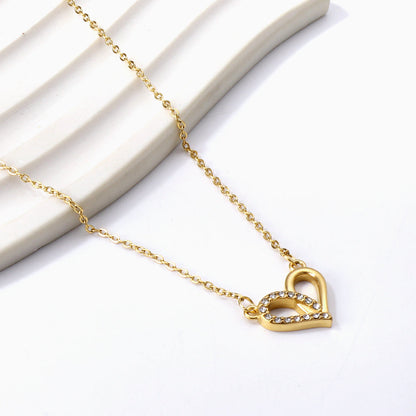 Heart Circle Pendant with Diamonds Necklace 43+5cm Gold Color asonjewelry