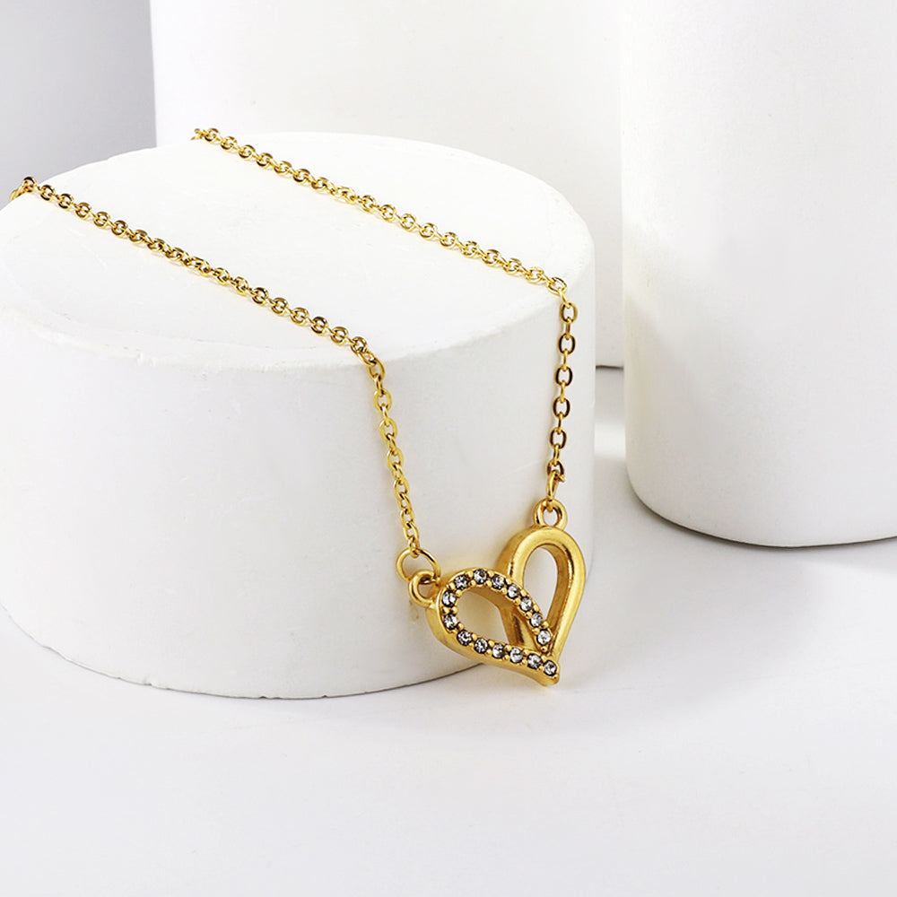 Heart Circle Pendant with Diamonds Necklace 43+5cm Gold Color asonjewelry