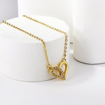 Heart Circle Pendant with Diamonds Necklace 43+5cm Gold Color asonjewelry
