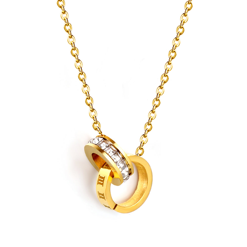 Double Circle Pendant with Diamonds + Roman Numerals Necklace 44+5cm Gold Color asonjewelry