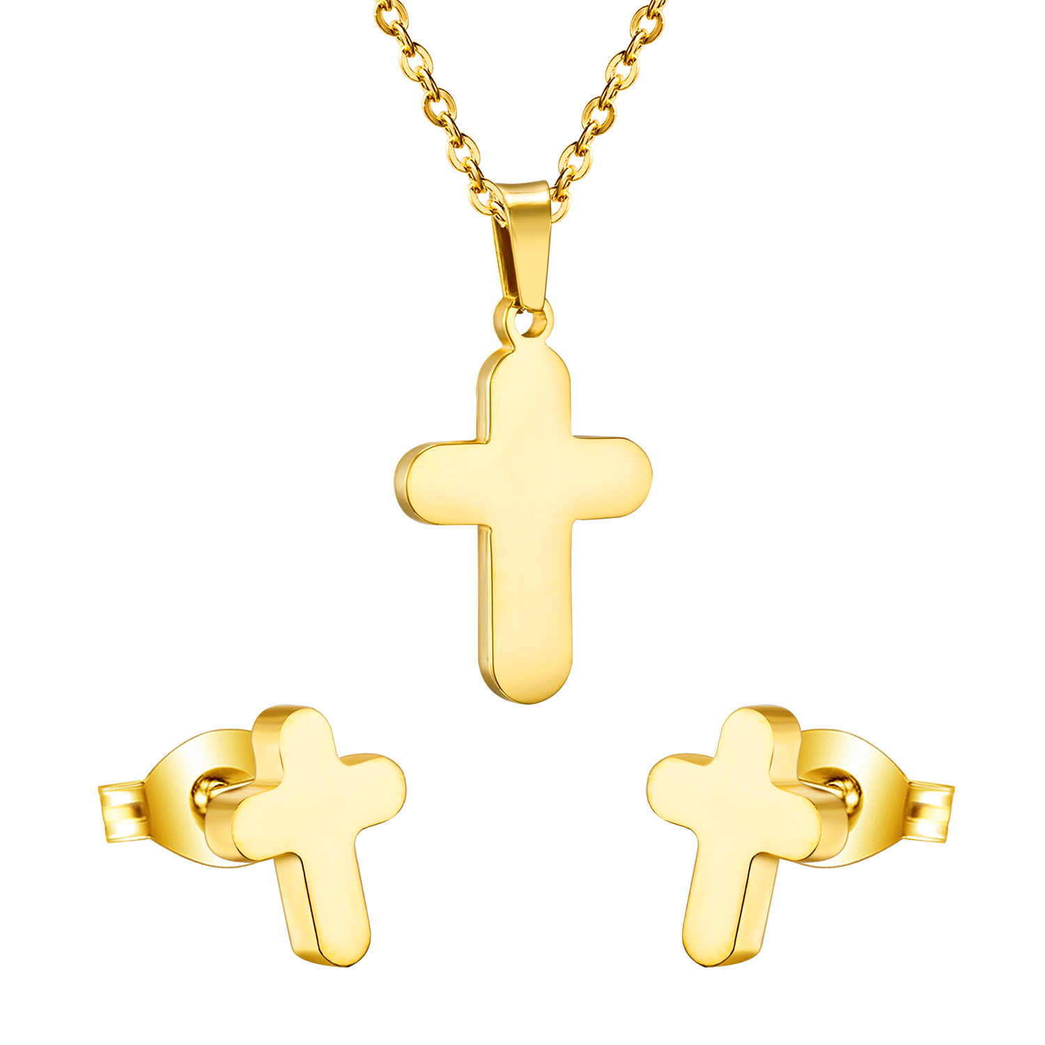 Gold/Steel Smooth Cross Jewelry Set asonjewelry