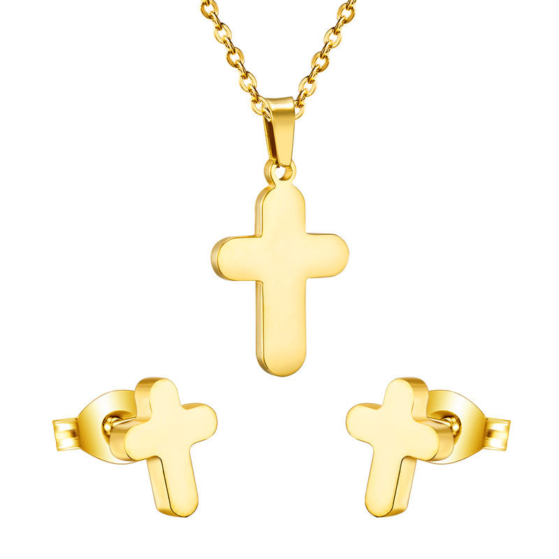 Gold/Steel Smooth Cross Jewelry Set