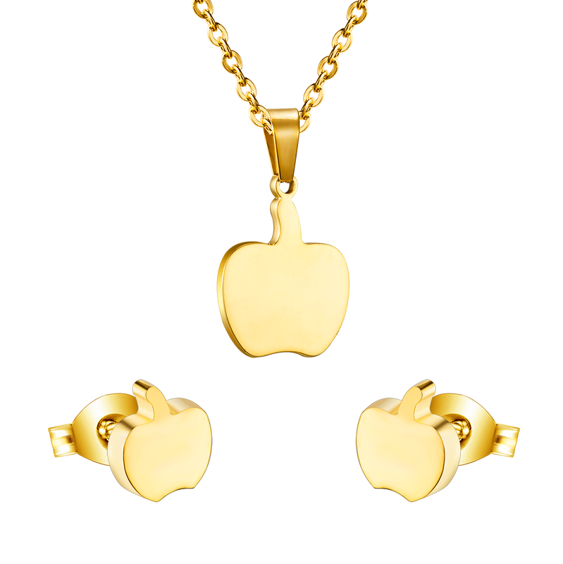 Gold/steel colored cut jewelry set with a golden apple on the cutting process