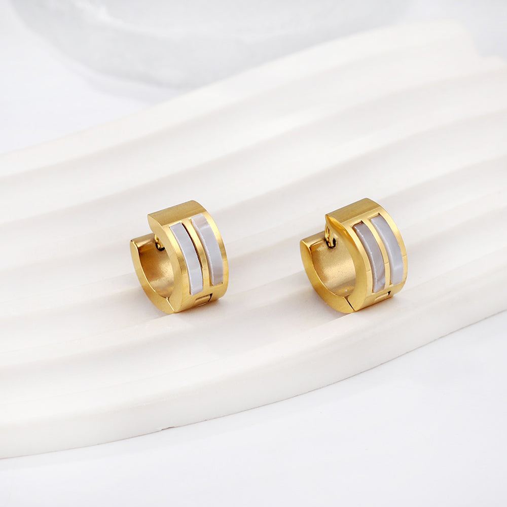 Gold round earrings with double white shells 7*13.5mm asonjewelry