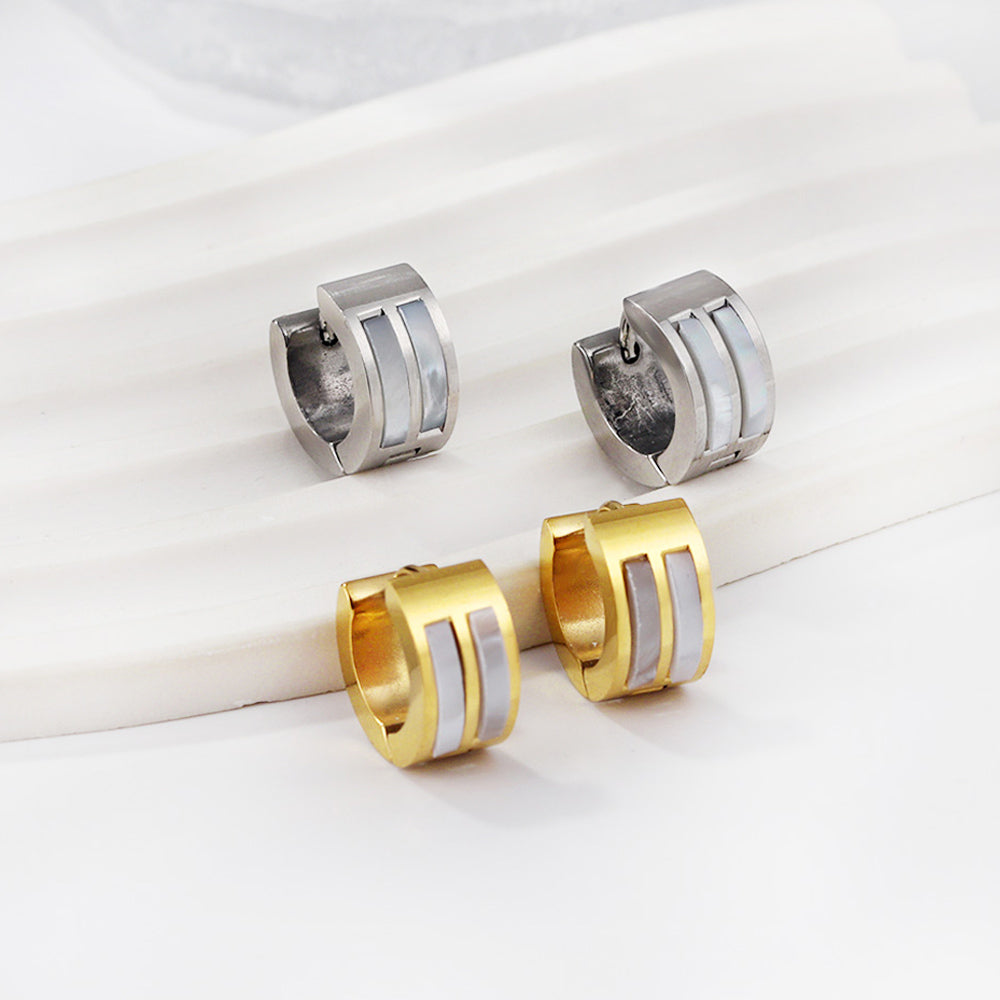 Gold round earrings with double white shells 7*13.5mm asonjewelry