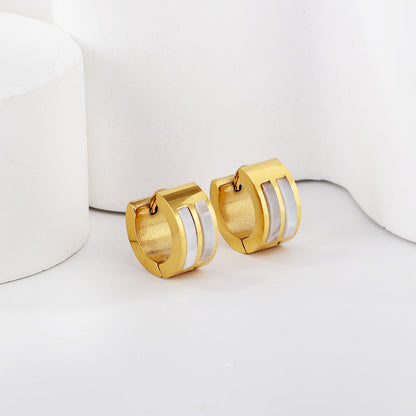 Gold round earrings with double white shells 7*13.5mm asonjewelry
