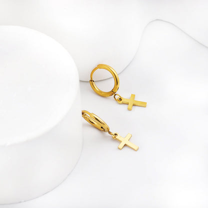 Gold 1.6x11mm Circle with Cross Earrings asonjewelry