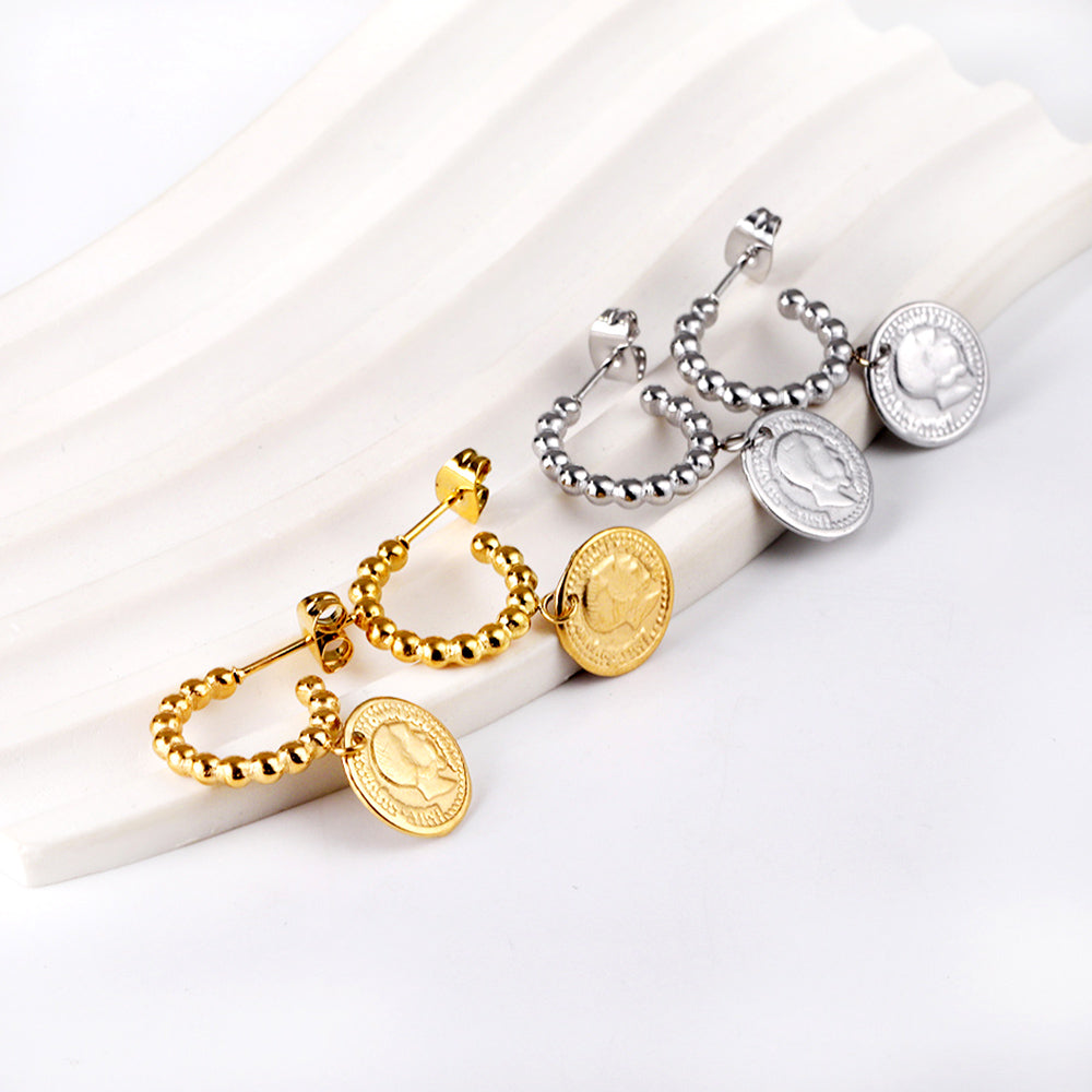 Half round steel beads with round cake man head earrings asonjewelry