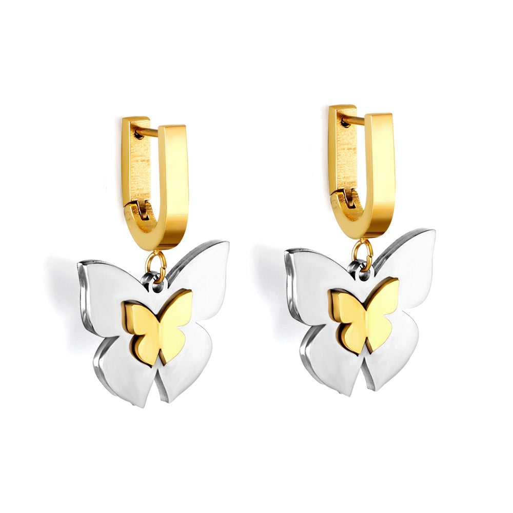 Gold coloured U-shaped ear clips with graduated gold sized butterfly studs asonjewelry