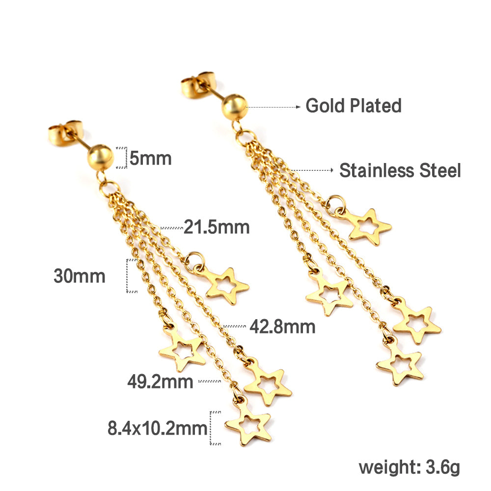 Steel Beads with Long and Short Chain 4 Stars Cutout Earrings asonjewelry