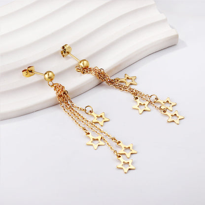 Steel Beads with Long and Short Chain 4 Stars Cutout Earrings asonjewelry