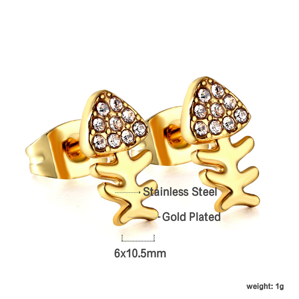 Gold fish bone cut earrings with diamonds asonjewelry