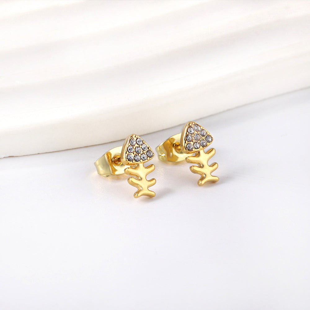 Gold fish bone cut earrings with diamonds asonjewelry