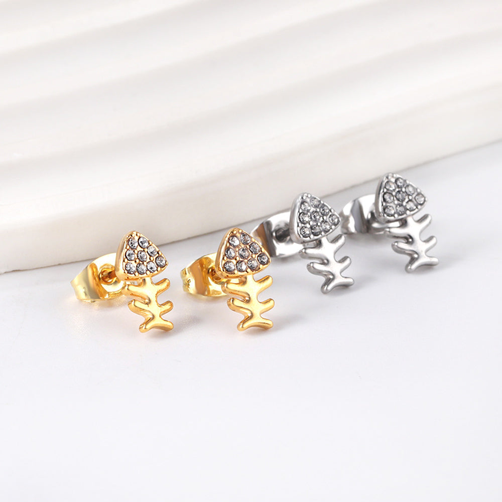 Gold fish bone cut earrings with diamonds asonjewelry