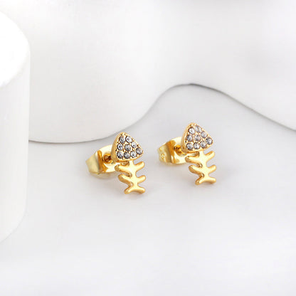 Gold fish bone cut earrings with diamonds asonjewelry