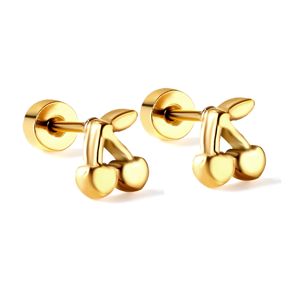 Gold coloured screw-in cherry stud earrings asonjewelry