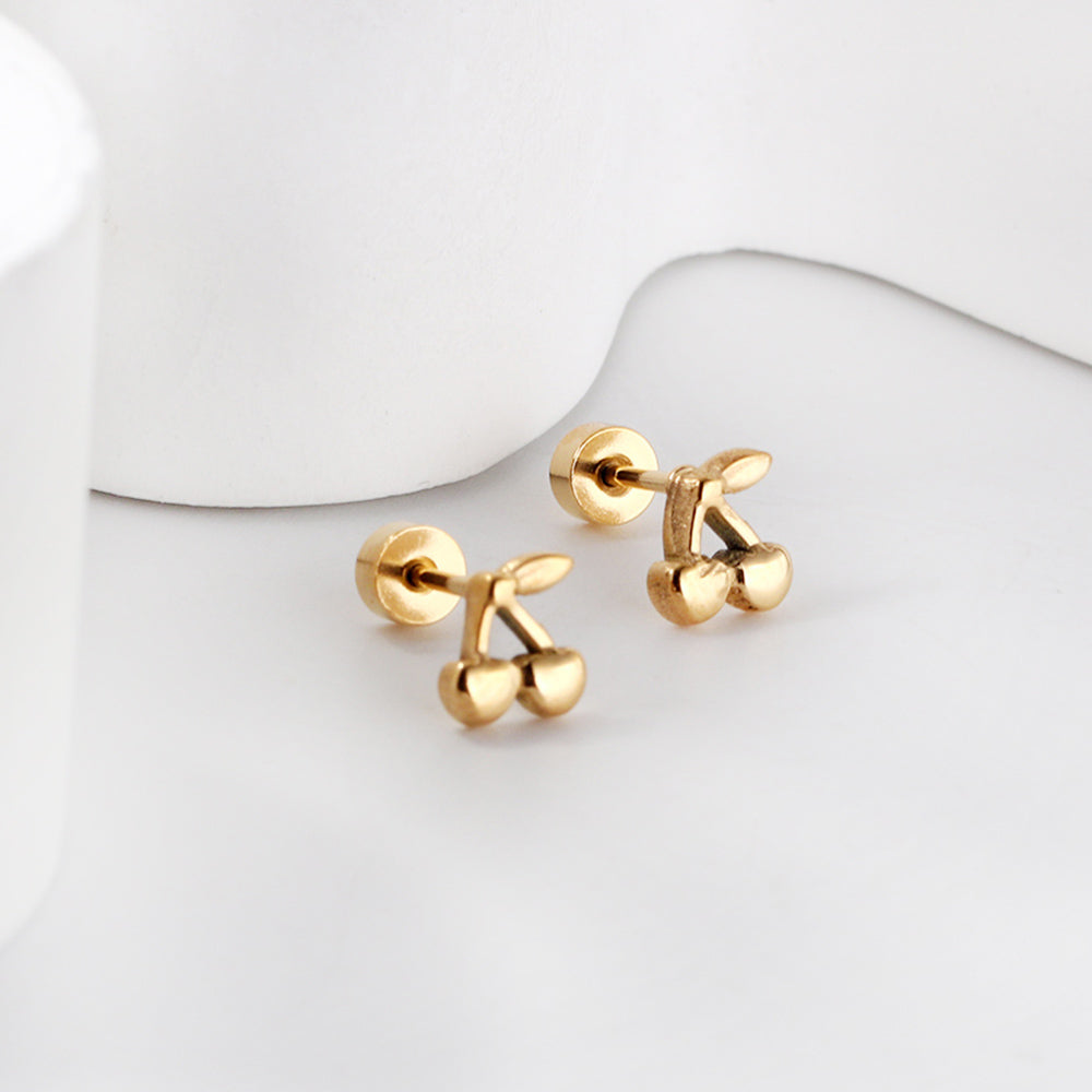 Gold coloured screw-in cherry stud earrings asonjewelry