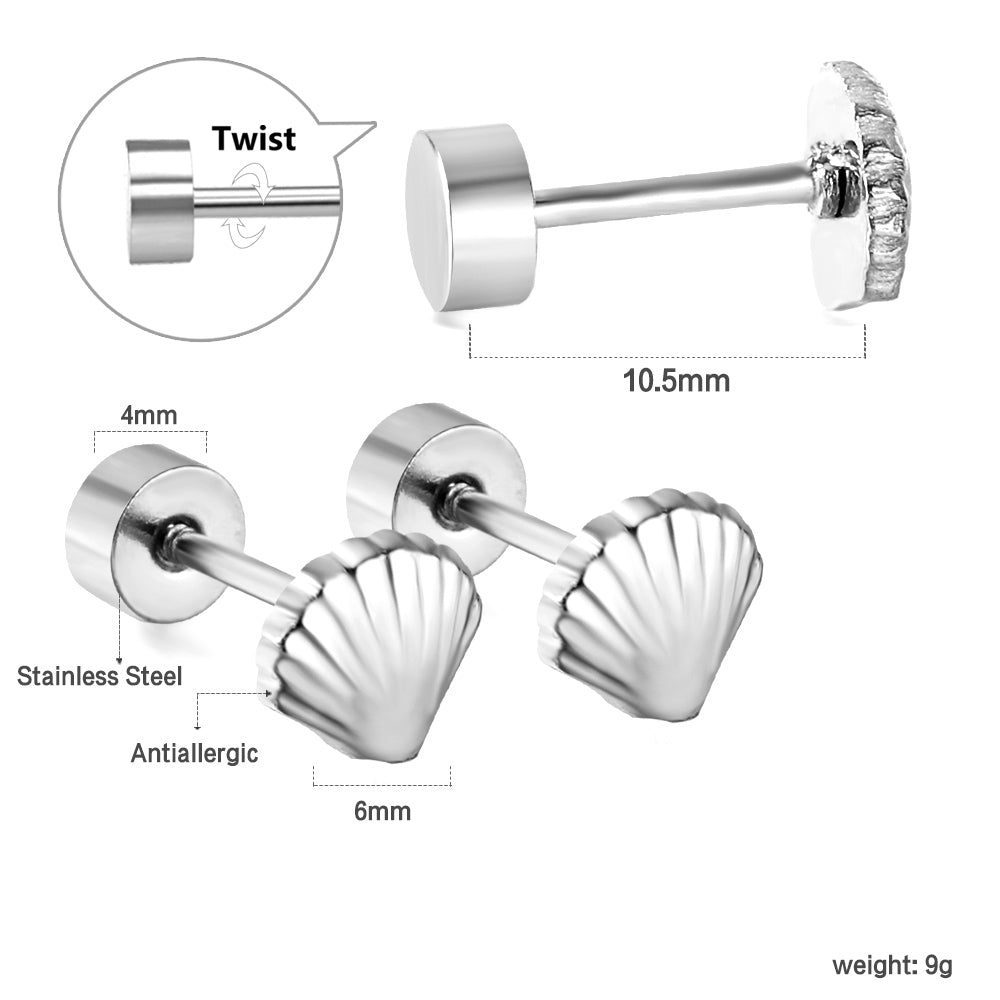 12 pairs shell shape screw-in earrings steel color asonjewelry