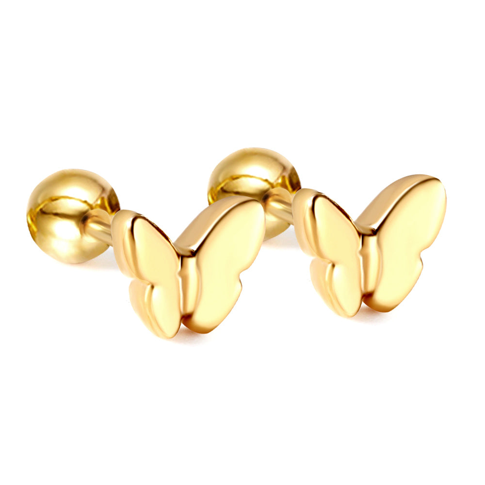 Gold coloured steel ball screw-in butterfly earrings asonjewelry
