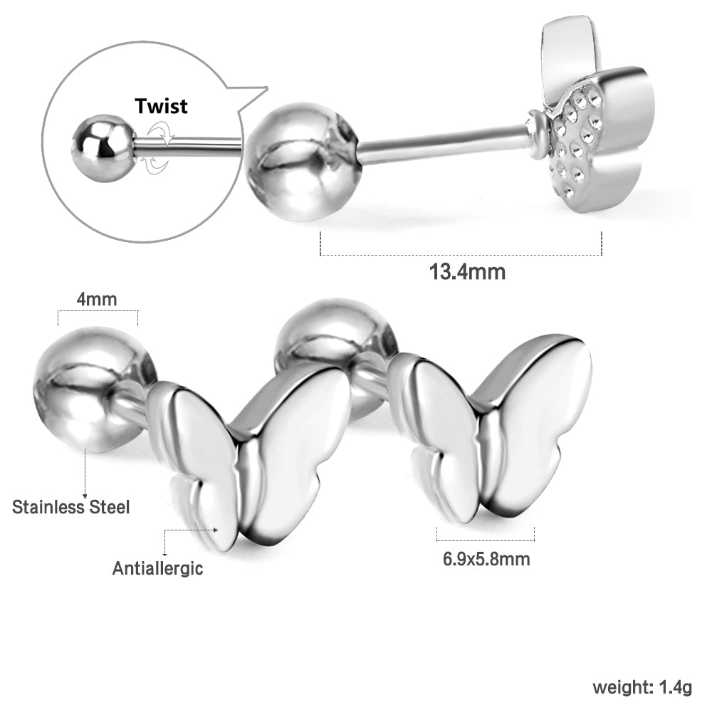 Gold coloured steel ball screw-in butterfly earrings asonjewelry