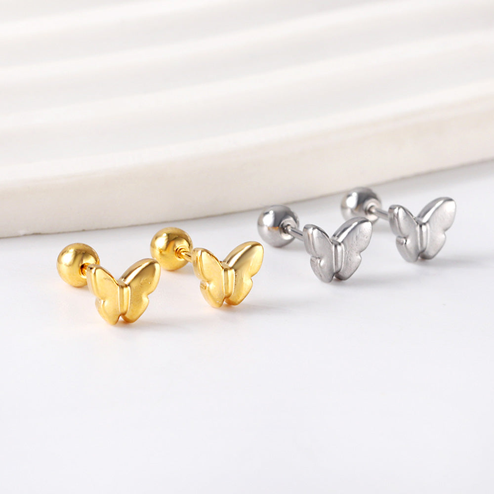 Gold coloured steel ball screw-in butterfly earrings asonjewelry