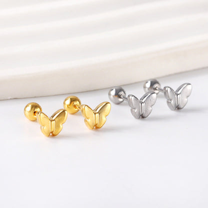 Gold coloured steel ball screw-in butterfly earrings asonjewelry