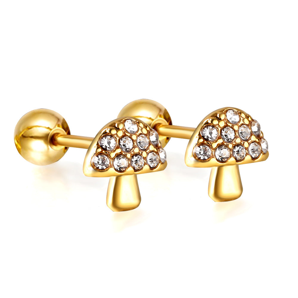 Gold coloured steel ball screw-in mushroom stud earrings with white diamonds asonjewelry