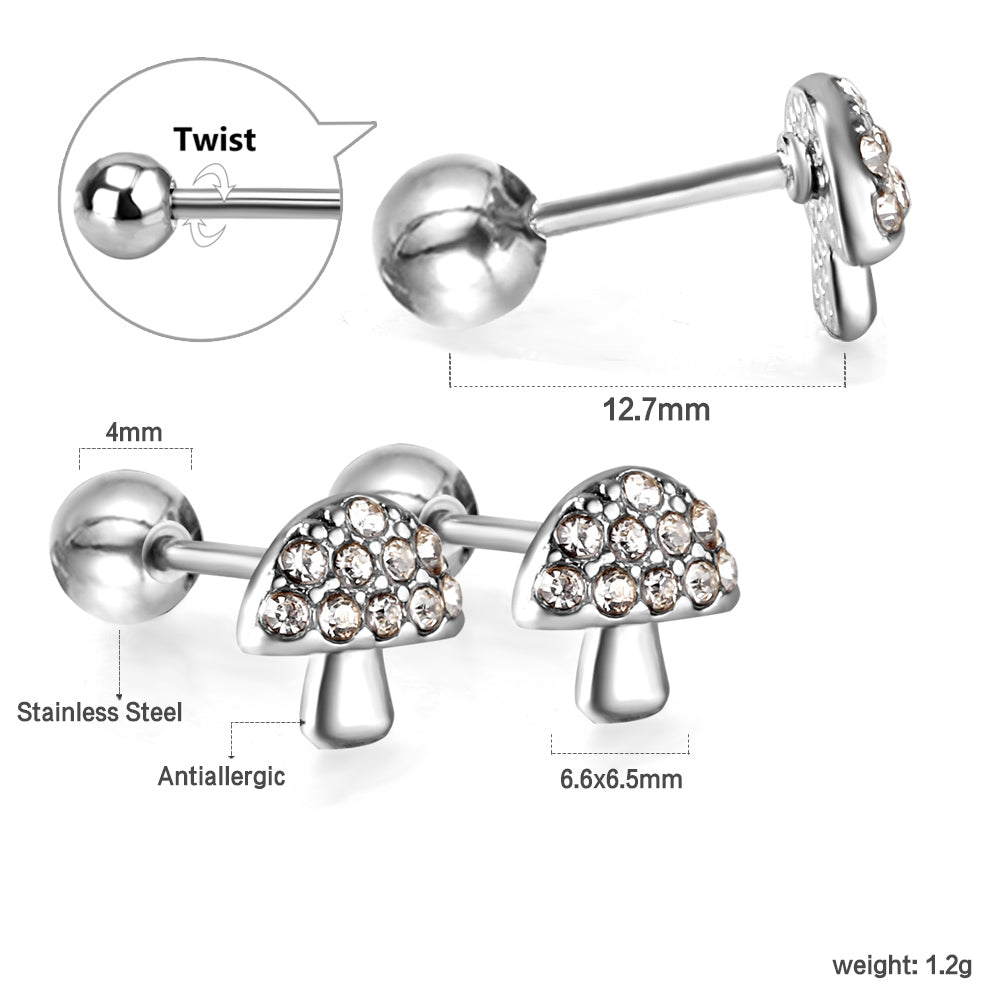 Gold coloured steel ball screw-in mushroom stud earrings with white diamonds asonjewelry