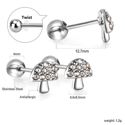 Gold coloured steel ball screw-in mushroom stud earrings with white diamonds asonjewelry