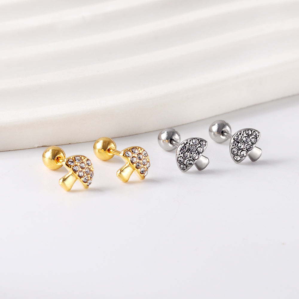 Gold coloured steel ball screw-in mushroom stud earrings with white diamonds asonjewelry