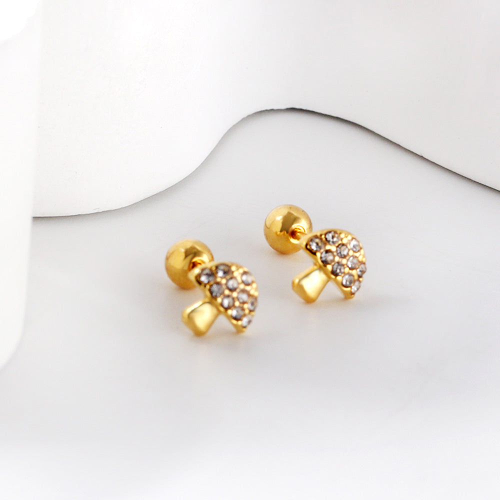 Gold coloured steel ball screw-in mushroom stud earrings with white diamonds asonjewelry
