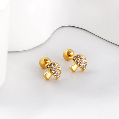 Gold coloured steel ball screw-in mushroom stud earrings with white diamonds asonjewelry