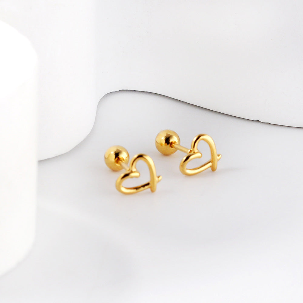 Gold coloured steel beads and screws heart cut-out earrings asonjewelry