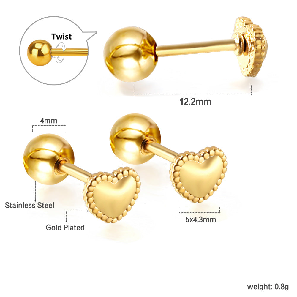 Gold coloured steel ball screw-in heart studs asonjewelry