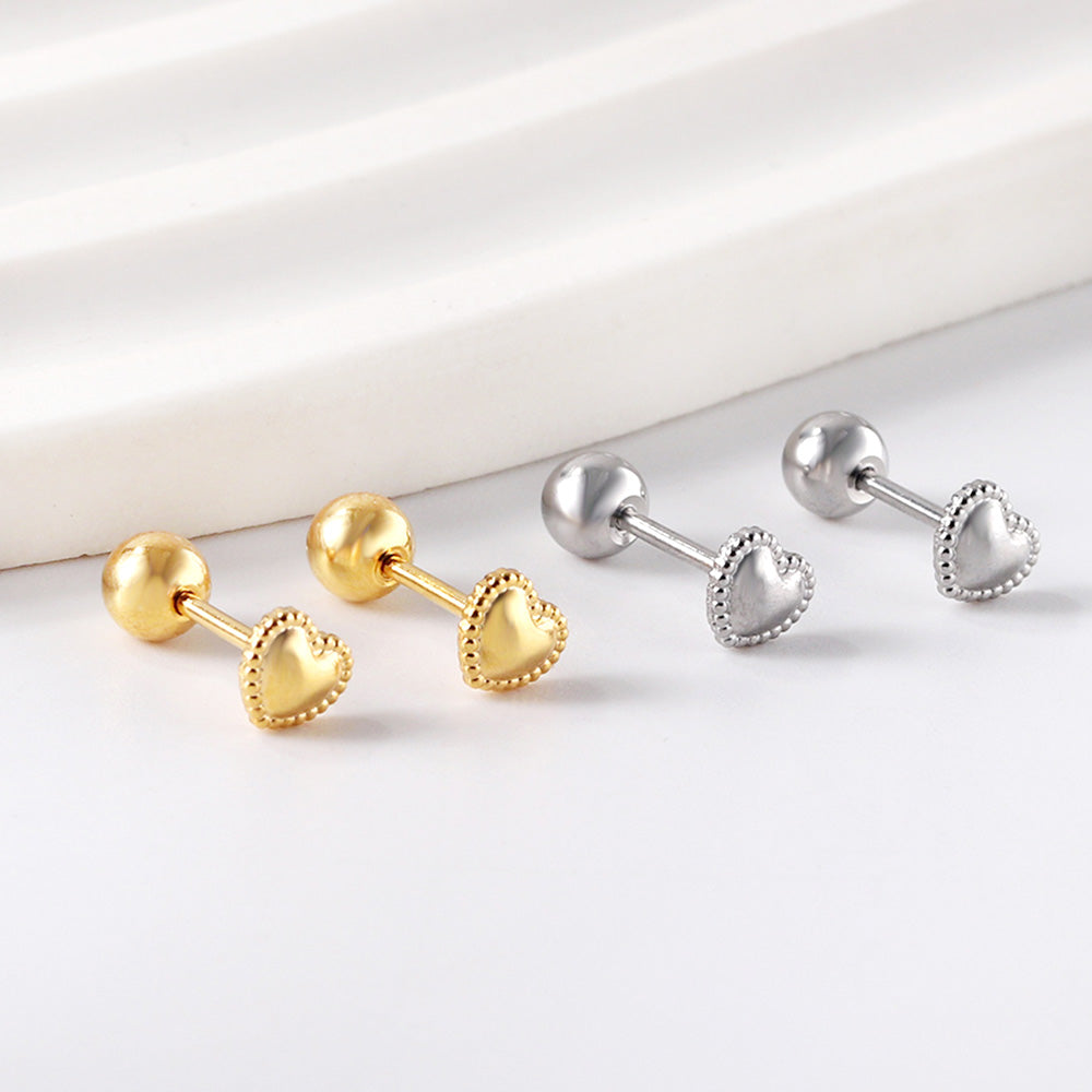 Gold coloured steel ball screw-in heart studs asonjewelry