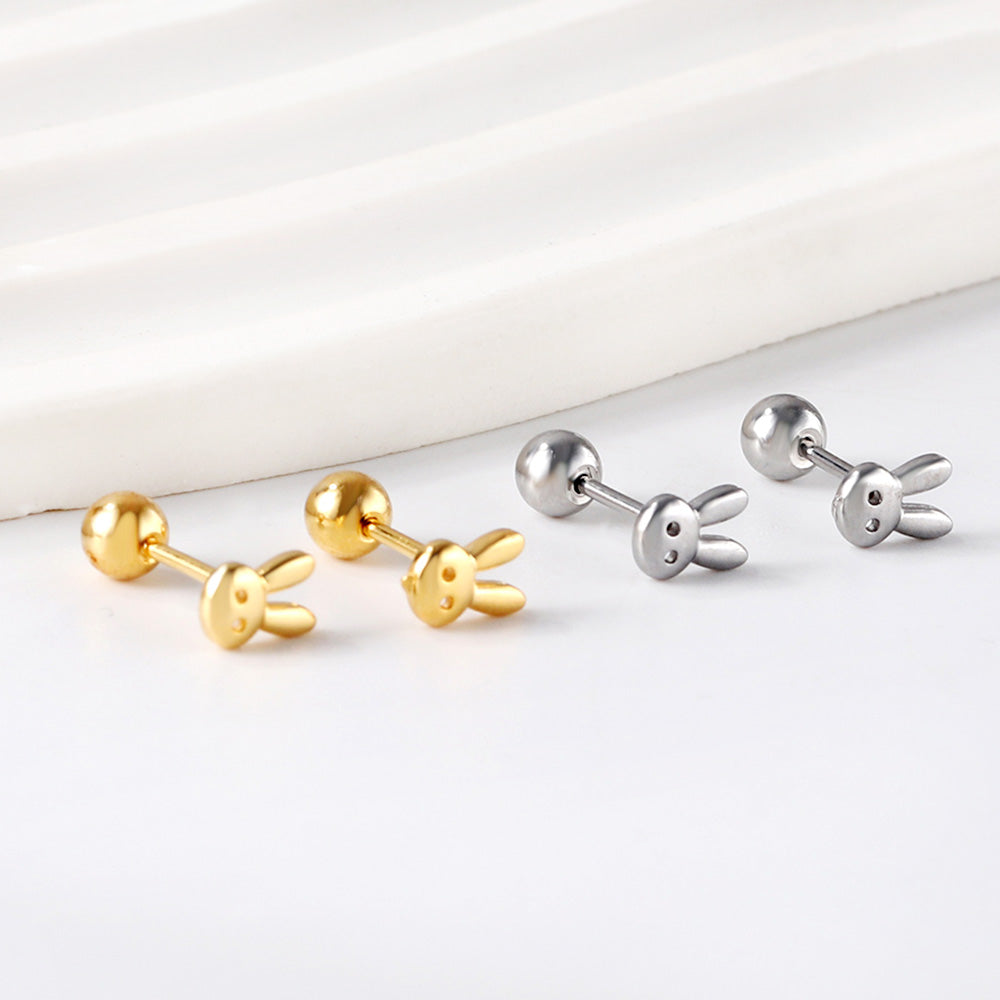 Gold coloured steel ball screw-in rabbit head stud earrings asonjewelry