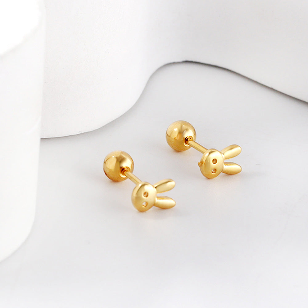 Gold coloured steel ball screw-in rabbit head stud earrings asonjewelry