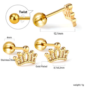 Gold coloured steel ball screw-in crown stud earrings