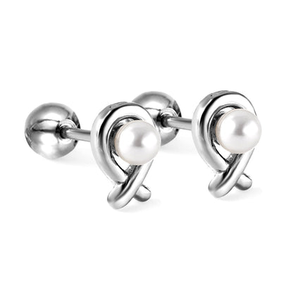 Gold coloured steel ball screw back fish shaped stud earrings with white pearls asonjewelry