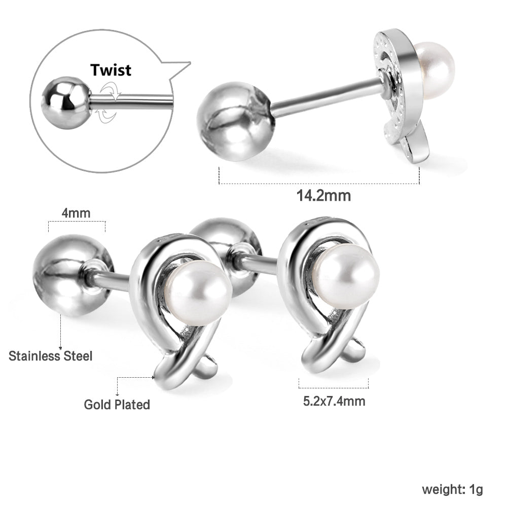Gold coloured steel ball screw back fish shaped stud earrings with white pearls asonjewelry