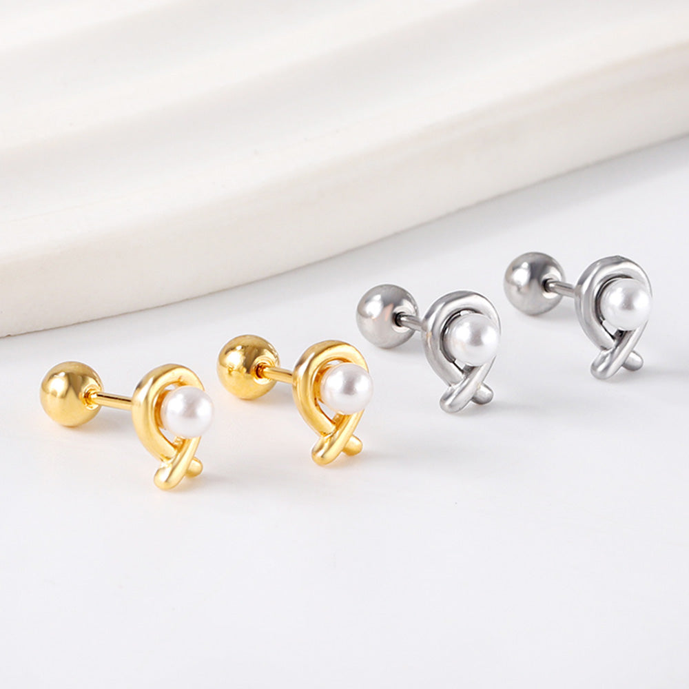 Gold coloured steel ball screw back fish shaped stud earrings with white pearls asonjewelry