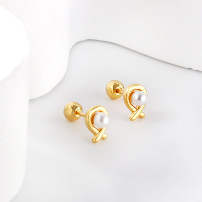 Gold coloured steel ball screw back fish shaped stud earrings with white pearls asonjewelry