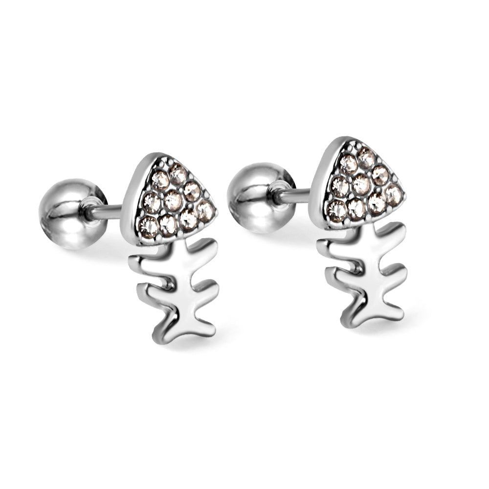 Gold coloured steel bead screw plug fishbone with white diamonds stud earrings asonjewelry