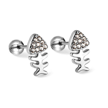 Gold coloured steel bead screw plug fishbone with white diamonds stud earrings asonjewelry