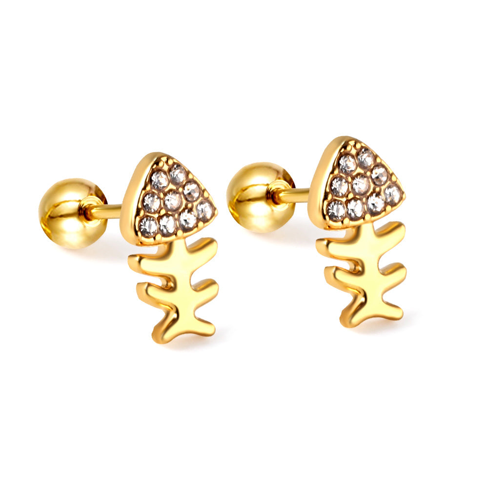 Gold coloured steel bead screw plug fishbone with white diamonds stud earrings asonjewelry