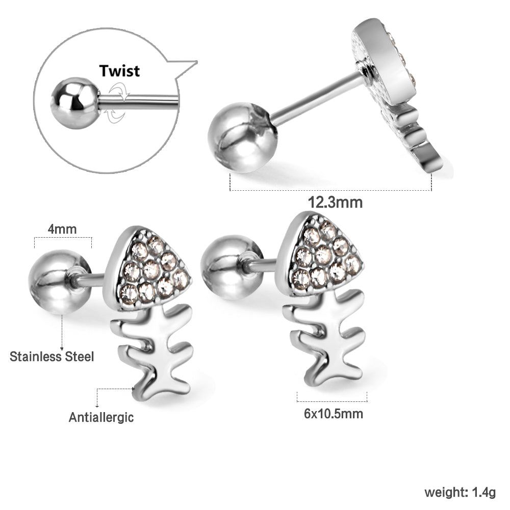 Gold coloured steel bead screw plug fishbone with white diamonds stud earrings asonjewelry