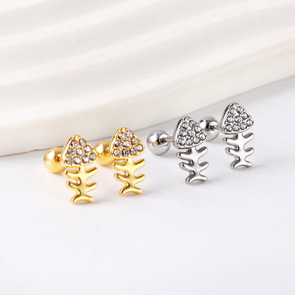 Gold coloured steel bead screw plug fishbone with white diamonds stud earrings asonjewelry