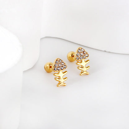 Gold coloured steel bead screw plug fishbone with white diamonds stud earrings asonjewelry