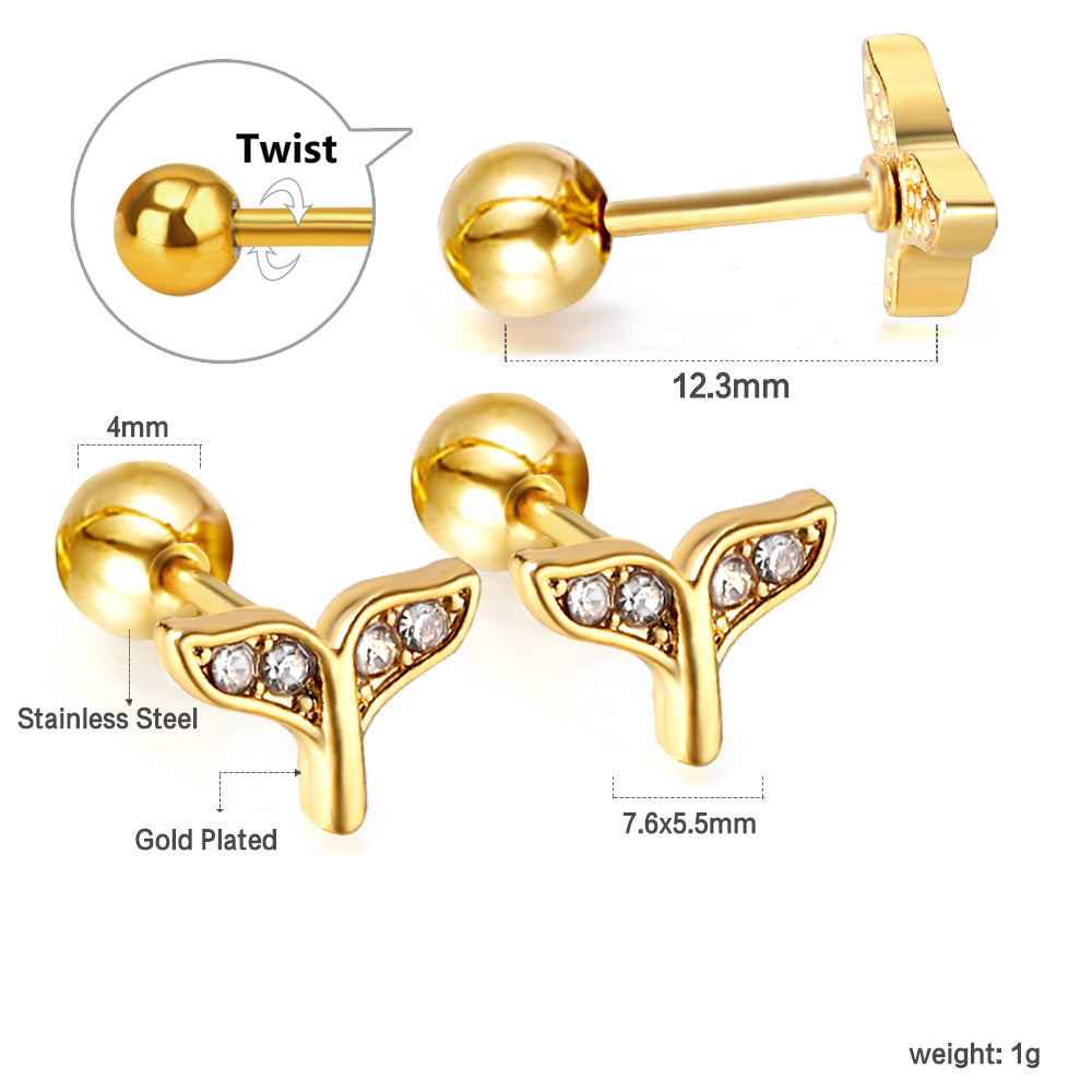 Gold coloured steel ball screw-in crooked star with white diamonds stud earrings asonjewelry