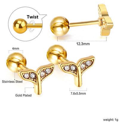 Gold coloured steel ball screw-in crooked star with white diamonds stud earrings asonjewelry
